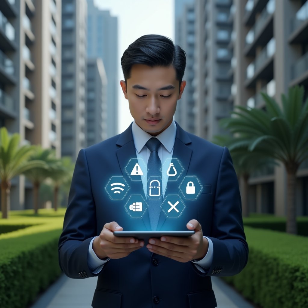 (Ultra-realistic condominium manager in a dark blue suit, set in a modern luxury condominium environment with high-rise buildings and manicured green gardens, holding a digital tablet projecting a holographic interface highlighting seven error icons (warning triangles, exclamation marks, padlock, checklist), focused and thoughtful expression, cinematic lighting, shallow depth of field, highly detailed textures, realistic skin, photographic realism, 8k resolution --ar 1:1 --v 6)