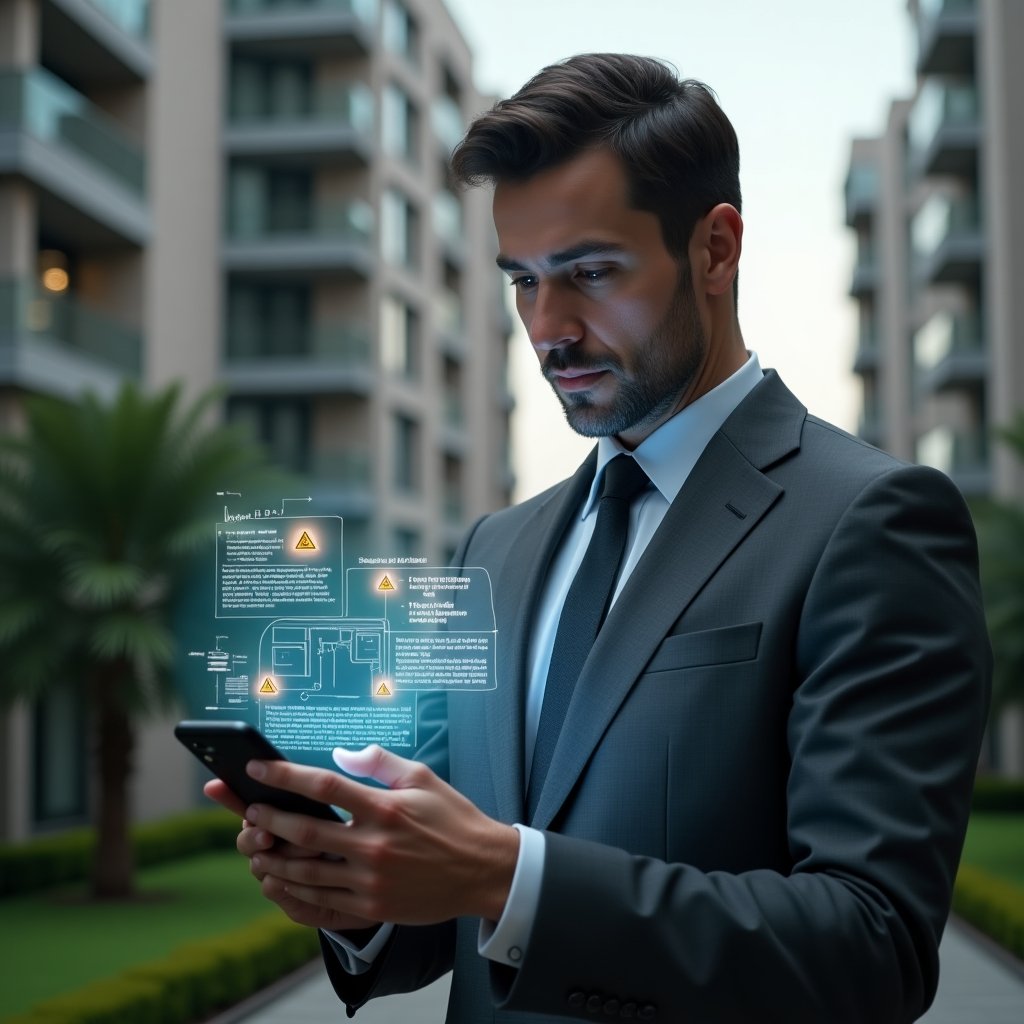 (Ultra-realistic condominium manager in a charcoal gray suit, set in a modern luxury condominium environment with high-rise buildings and manicured green landscaping, examining a smartphone with floating holographic warning icons representing app errors, serious and focused expression, holographic interface displaying condo floor plans and caution symbols, cinematic lighting, shallow depth of field, highly detailed textures, realistic skin, photographic realism, 8k resolution --ar 1:1 --v 6)