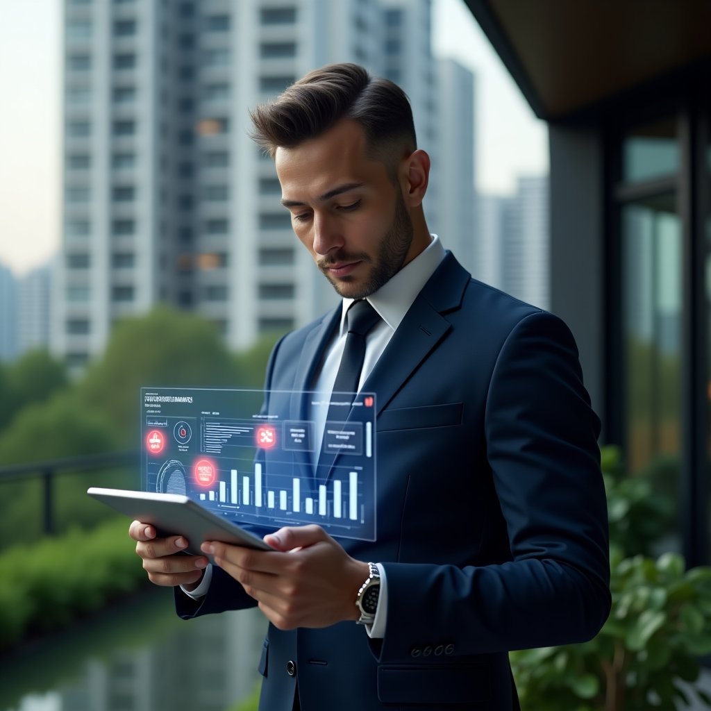 Ultra-realistic condominium manager in a dark blue suit, set in a modern luxury condominium environment with high-rise buildings and lush green landscaping, reviewing financial reports on a sleek tablet displaying an **aplicativo para condomínio** interface, holographic charts highlighting red error marks, thoughtful and confident expression, cinematic lighting, shallow depth of field, highly detailed textures, realistic skin, photographic realism, 8k resolution --ar 1:1 --v 6