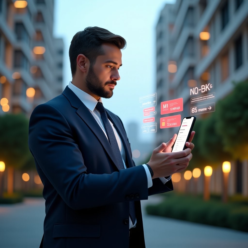 (Ultra-realistic condominium manager in a tailored navy-blue suit, set in a modern luxury condominium environment with high-rise buildings and manicured gardens in the background, holding and analyzing a holographic smartphone interface displaying red error icons and dashboard analytics, focused and confident expression, digital app icons floating around, cinematic lighting, shallow depth of field, highly detailed textures, realistic skin, photographic realism, 8k resolution --ar 1:1 --v 6)