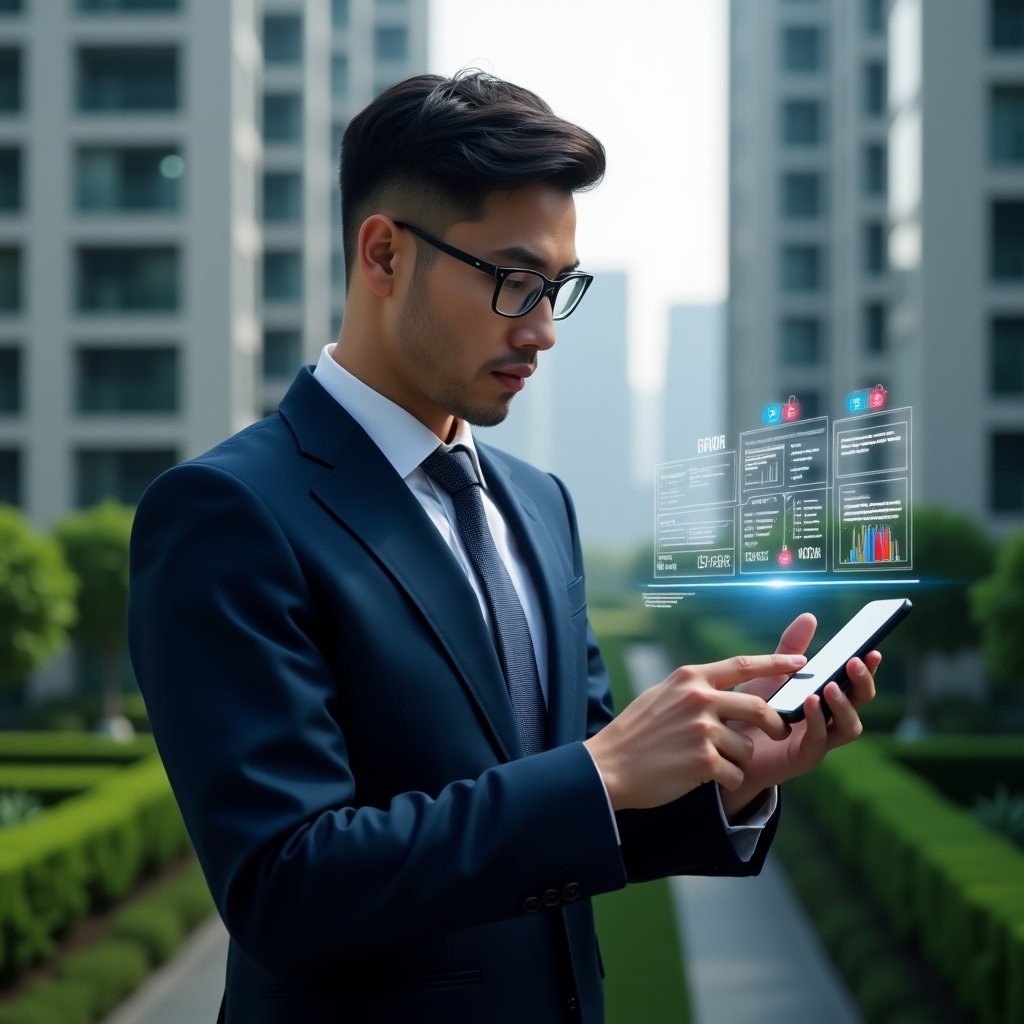 (Ultra-realistic condominium manager in a navy blue executive suit, set in a modern luxury condominium environment with high-rise buildings and well-manicured green landscaping, examining a holographic smartphone interface with floating error icons and performance charts, pointing thoughtfully at a translucent app dashboard highlighting warnings, cinematic lighting, shallow depth of field, highly detailed textures, realistic skin, photographic realism, 8k resolution --ar 1:1 --v 6)