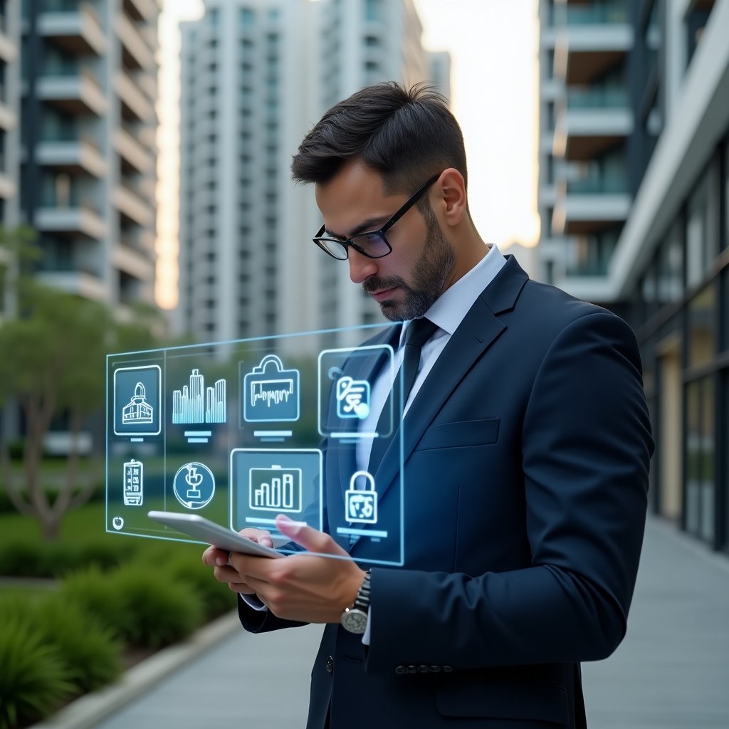 Ultra-realistic condominium manager in a navy executive suit, set in a modern luxury condominium environment with high-rise buildings and green landscaping, holding a tablet and reviewing a holographic app interface with warning icons and checkmarks, expression serious and focused, holographic UI overlays of charts and security locks symbolizing common management errors, cinematic lighting, shallow depth of field, highly detailed textures, realistic skin, photographic realism, 8k resolution --ar 1:1 --v 6