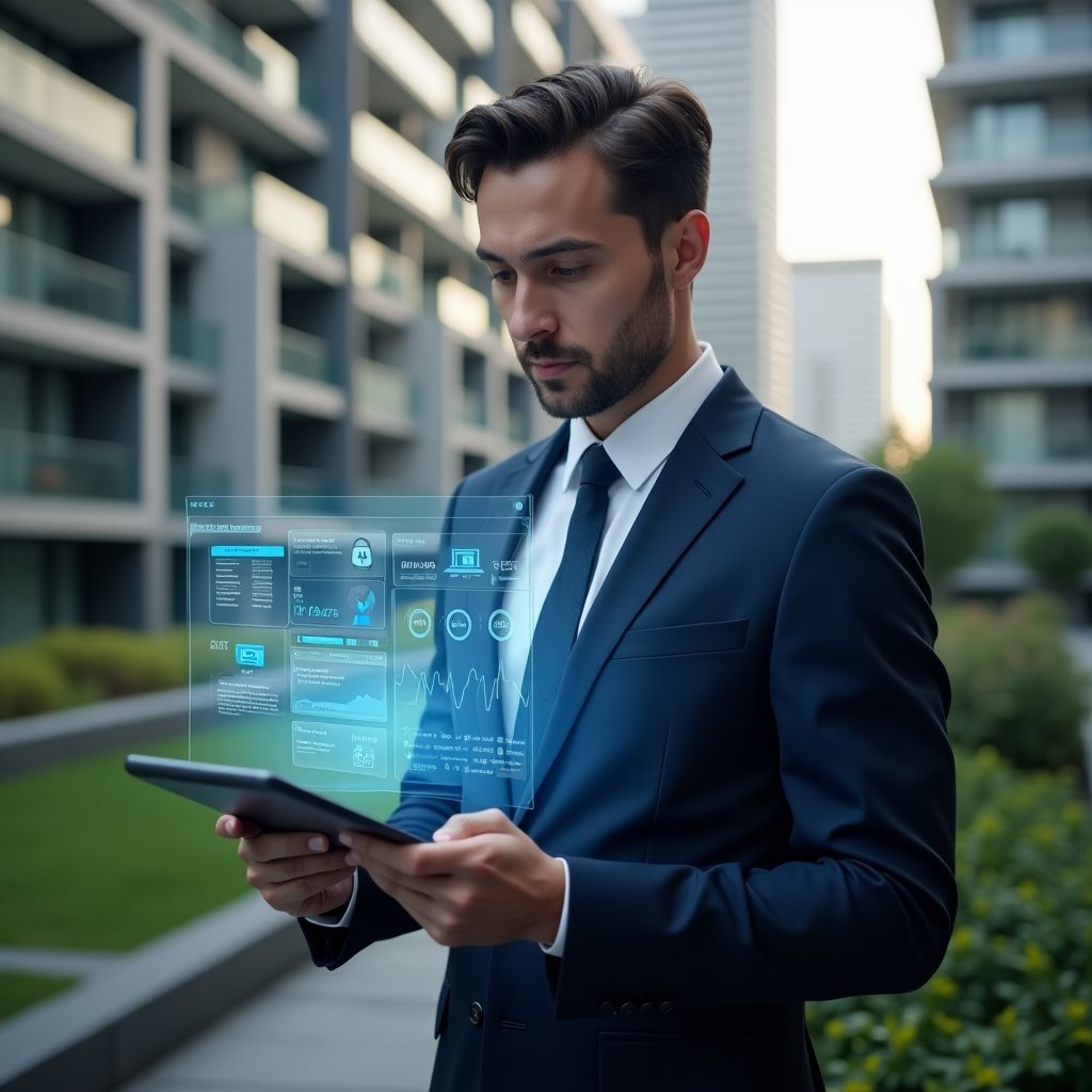 (Ultra-realistic property manager in a navy suit, set in a modern luxury condominium environment with high-rise buildings and manicured green landscaping, holding a tablet displaying a holographic condominium management app interface with security and financial icons, analyzing data with a focused expression, cinematic lighting, shallow depth of field, highly detailed textures, realistic skin, photographic realism, 8k resolution --ar 1:1 --v 6)