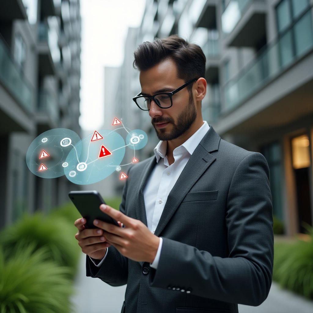 Ultra-realistic condominium manager in a charcoal gray tailored suit, set in a modern luxury condominium environment with high-rise buildings and manicured green landscaping, holding a tablet phone displaying a management app interface with red exclamation icons, looking thoughtfully at floating holographic checklists and warning symbols, cinematic lighting, shallow depth of field, highly detailed textures, realistic skin, photographic realism, 8k resolution --ar 1:1 --v 6