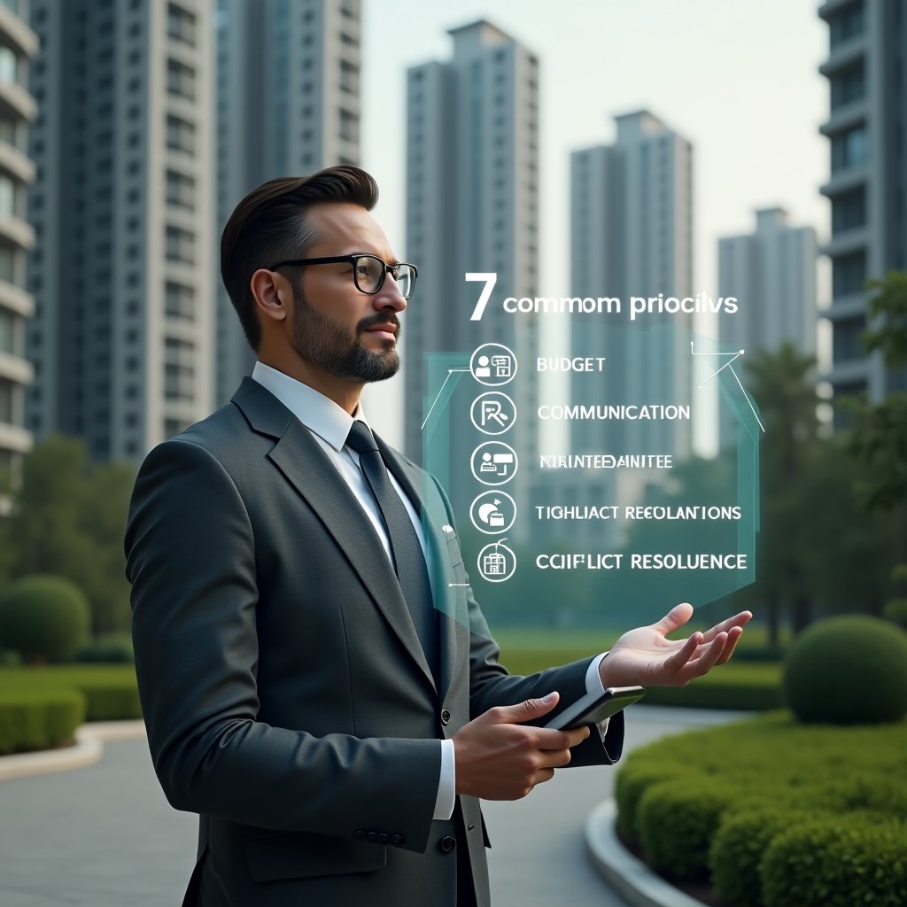 Ultra-realistic condominium manager in a charcoal gray suit, set in a modern luxury condominium environment with high-rise buildings and manicured green landscaping, standing in a medium shot and reviewing a holographic checklist of “7 common mistakes” with floating icons of budget, communication, maintenance, technology, regulations, conflict resolution, and delinquency, confident and focused expression, cinematic lighting, shallow depth of field, highly detailed textures, realistic skin, photographic realism, 8k resolution --ar 1:1 --v 6