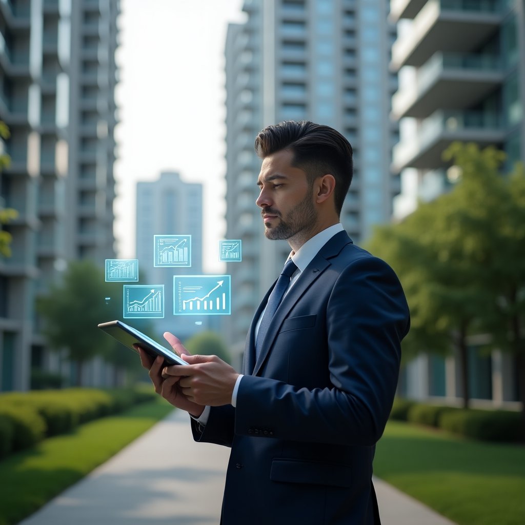 (Ultra-realistic condominium manager in a navy executive suit, set in a modern luxury condominium environment with high-rise buildings and manicured green landscaping, holding a tablet displaying holographic financial charts and documents, poised in a thoughtful, confident pose as if auditing accounts, floating translucent icons of balance sheets and graphs around them, cinematic lighting, shallow depth of field, highly detailed textures, realistic skin, photographic realism, 8k resolution --ar 1:1 --v 6)