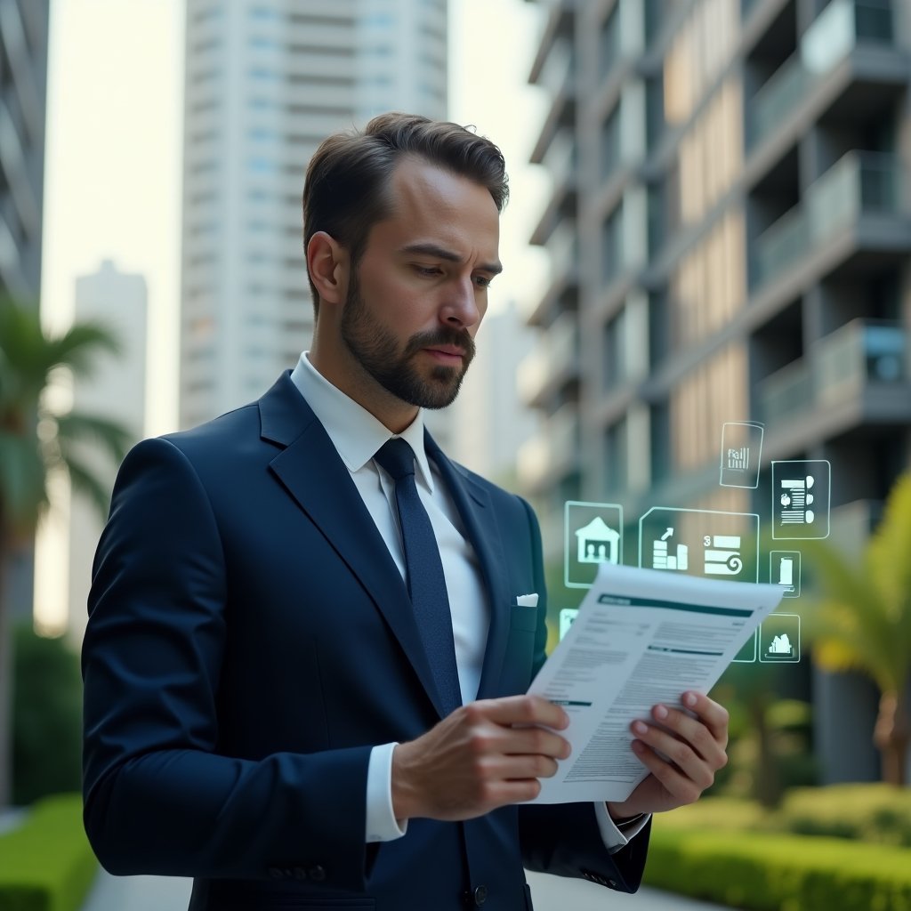 Ultra-realistic condominium manager in a tailored navy suit, set in a modern luxury condominium environment with high-rise buildings and manicured green landscaping, examining a holographic financial report with floating icons of charts and receipts, confident and thoughtful expression, cinematic lighting, shallow depth of field, highly detailed textures, realistic skin, photographic realism, 8k resolution --ar 1:1 --v 6
