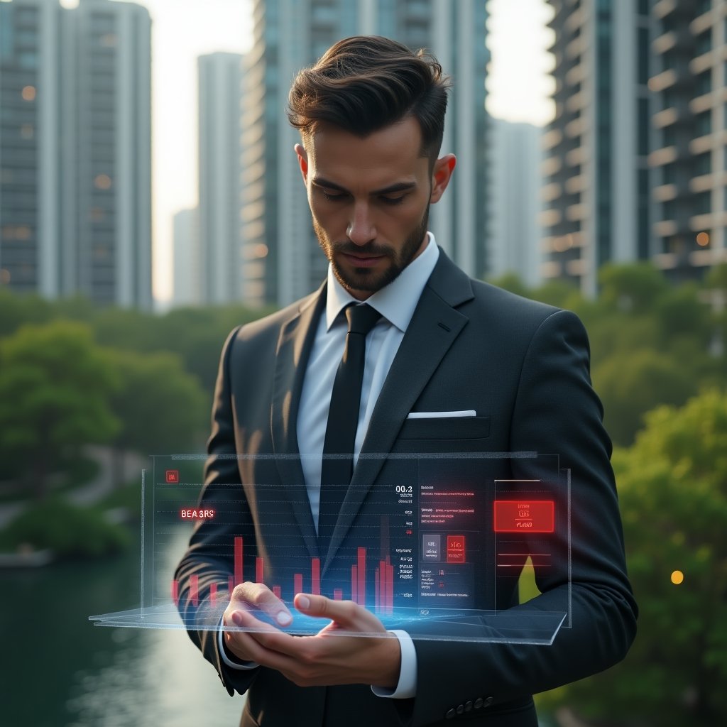 Ultra-realistic condominium manager in a dark gray tailored suit, set in a modern luxury condominium environment with high-rise buildings and lush green landscaping, mid-shot of a focused male manager reviewing holographic financial reports with red error markers floating beside him, cinematic lighting, shallow depth of field, highly detailed textures, realistic skin, photographic realism, 8k resolution --ar 1:1 --v 6