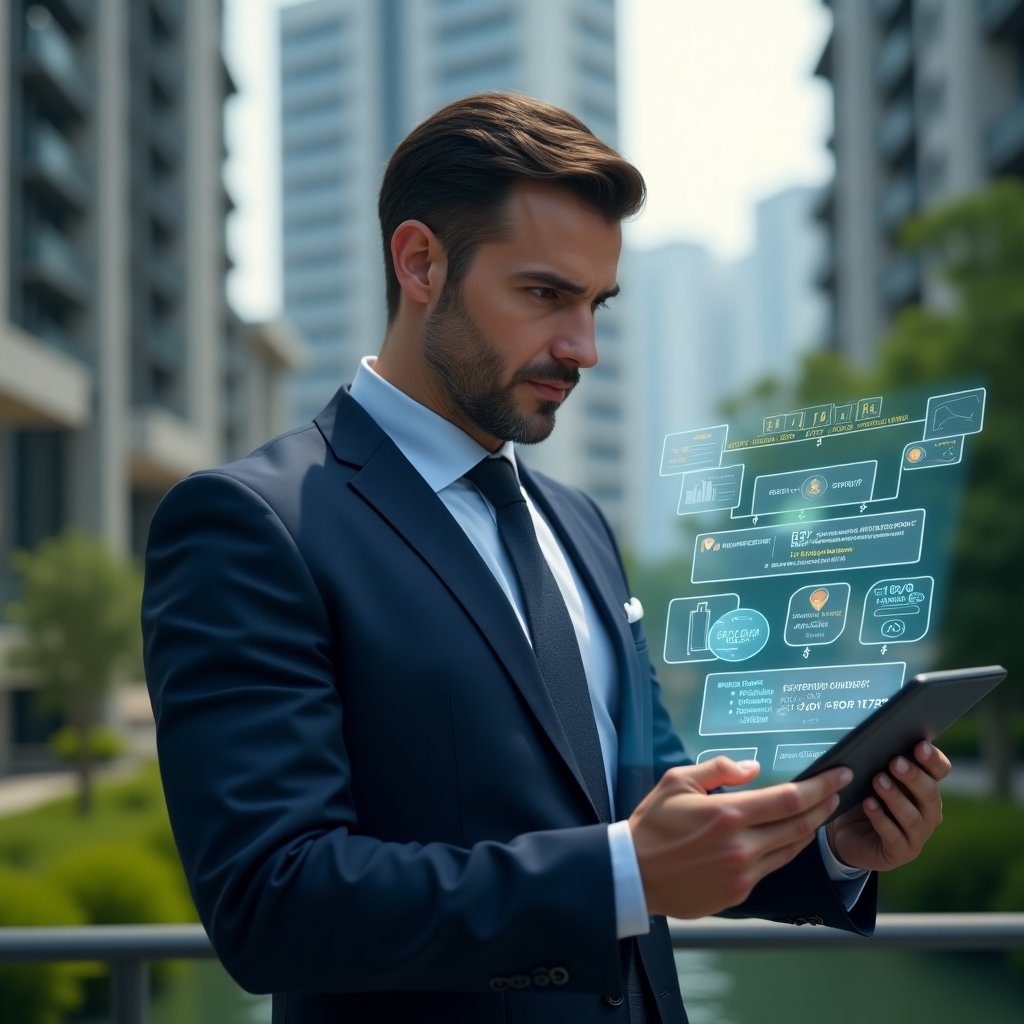 Ultra-realistic condominium manager in a dark blue suit, set in a modern luxury condominium environment with high-rise buildings and green landscaping, close-up, holding a transparent holographic financial report highlighting common errors and solutions, holographic red warning icons and green check marks floating around, thoughtful and confident expression, cinematic lighting, shallow depth of field, highly detailed textures, realistic skin, photographic realism, 8k resolution --ar 1:1 --v 6