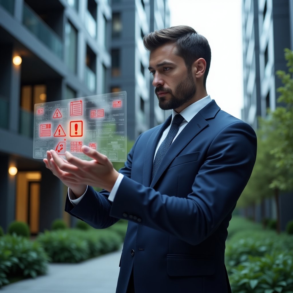 (Ultra-realistic condominium manager in a dark blue suit, set in a modern luxury condominium environment with high-rise buildings and manicured green landscaping, analyzing a holographic condominium management app interface with red warning icons representing the 7 common errors, confident yet focused expression, holographic charts and document icons floating around, cinematic lighting, shallow depth of field, highly detailed textures, realistic skin, photographic realism, 8k resolution --ar 1:1 --v 6)