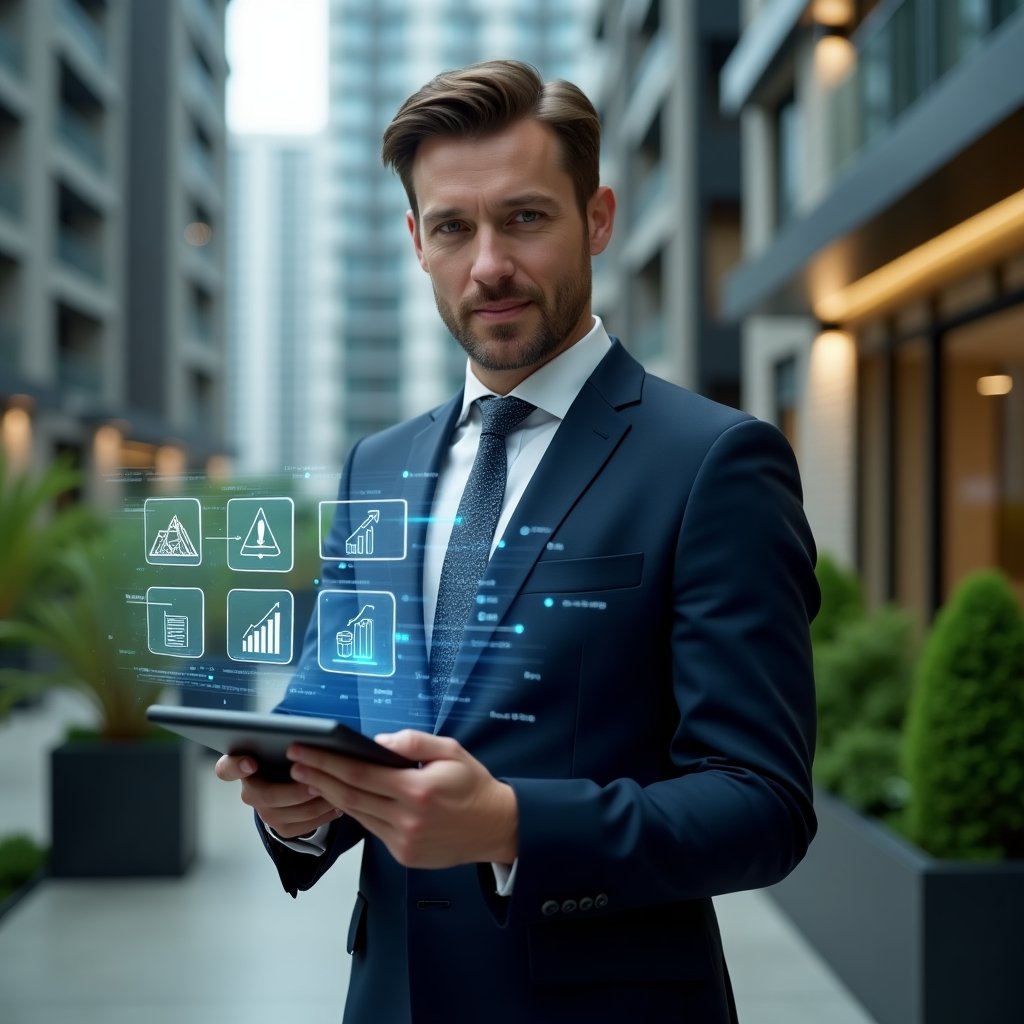 Ultra-realistic condominium manager in a tailored navy suit, standing in a modern luxury condominium environment with high-rise buildings and meticulously landscaped greenery, holding a digital tablet displaying holographic workflow icons and efficiency charts, confidently analyzing data, cinematic lighting, shallow depth of field, highly detailed textures, realistic skin, photographic realism, 8k resolution --ar 1:1 --v 6