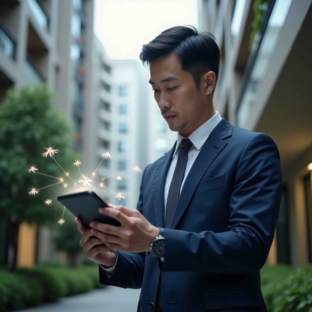 (Ultra-realistic condominium manager in a navy blue suit, set in a modern luxury condominium environment with high-rise buildings and meticulously landscaped gardens, inspecting a tablet with a holographic mosquito larva detection interface, serious and focused expression, subtle mosquito icons floating nearby to symbolize dengue prevention, cinematic lighting, shallow depth of field, highly detailed textures, realistic skin, photographic realism, 8k resolution --ar 1:1 --v 6)