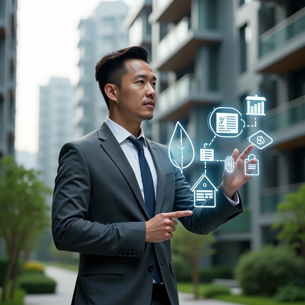 Ultra-realistic condominium manager in a charcoal gray suit, set in a modern luxury condominium environment with high-rise buildings and green landscaping, standing in a medium shot reviewing a holographic contract interface while pointing at floating sustainability icons (leaf, solar panel) and a budget optimization chart, confident and focused expression, cinematic lighting, shallow depth of field, highly detailed textures, realistic skin, photographic realism, 8k resolution --ar 1:1 --v 6