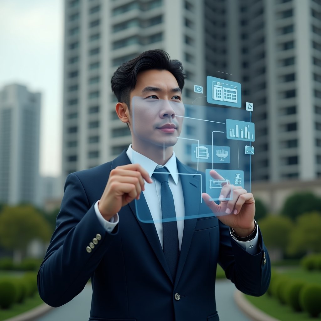 (Ultra-realistic condominium manager in a navy suit, set in a modern luxury condominium environment with high-rise buildings and green landscaping, interacting with a holographic interface displaying chat bubbles, calendar, financial graphs and maintenance icons, confident and focused expression, cinematic lighting, shallow depth of field, highly detailed textures, realistic skin, photographic realism, 8k resolution --ar 1:1 --v 6)