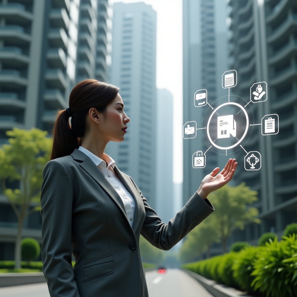 (Ultra-realistic condominium manager in a tailored gray suit, set in a modern luxury condominium environment with high-rise buildings and meticulously cared green landscaping, mid-shot showing the manager confidently interacting with floating holographic icons representing financial control, space reservations, instant messaging, access monitoring, document management, vendor scheduling and analytical reports, cinematic lighting, shallow depth of field, highly detailed textures, realistic skin, photographic realism, 8k resolution --ar 1:1 --v 6)