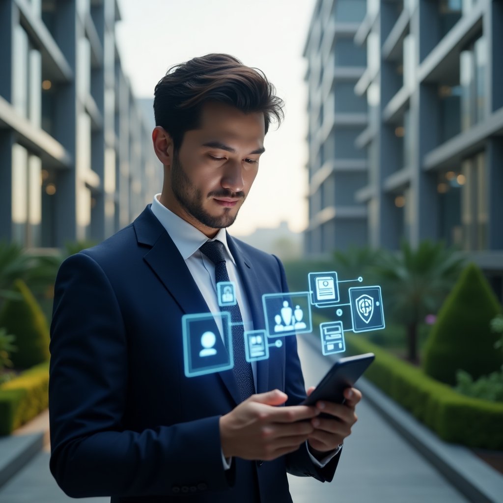 (Ultra-realistic condominium manager in a navy suit, set in a modern luxury condominium environment with high-rise buildings and lush green landscaping, mid-shot, the manager holding a smartphone with holographic icons representing access control, messaging, reservations, billing, maintenance, financial reports and security floating around, analyzing data with a confident expression, cinematic lighting, shallow depth of field, highly detailed textures, realistic skin, photographic realism, 8k resolution --ar 1:1 --v 6)