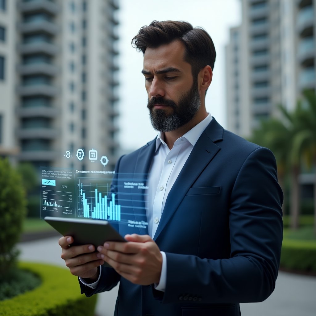 Ultra-realistic condominium manager in a navy executive suit, set in a modern luxury condominium environment with high-rise buildings and manicured green landscaping, analyzing holographic financial charts and contract icons projected from a tablet, confident and thoughtful expression, cinematic lighting, shallow depth of field, highly detailed textures, realistic skin, photographic realism, 8k resolution --ar 1:1 --v 6