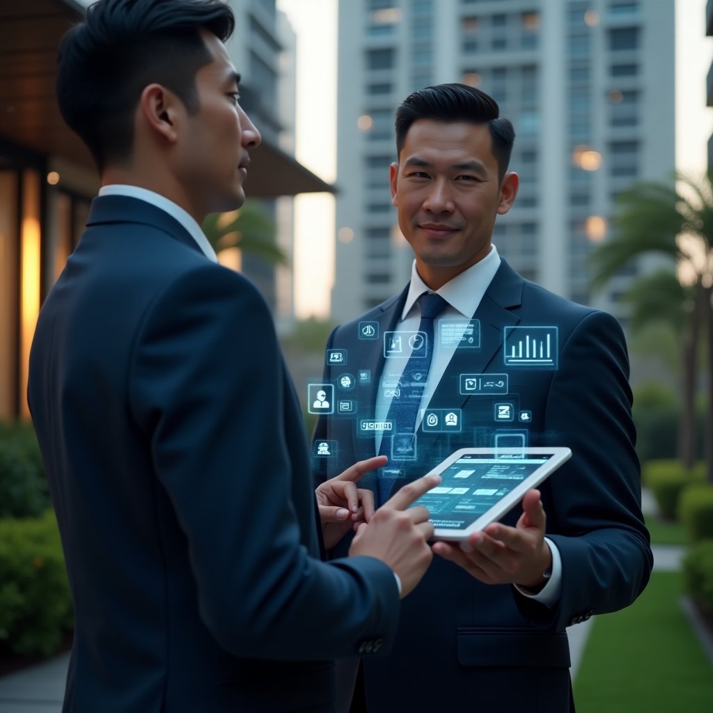 (Ultra-realistic condominium manager in a tailored navy suit, set in a modern luxury condominium environment with high-rise buildings and lush green landscaping, holding a tablet displaying a floating holographic interface of a condominium management app, confidently tapping on icons for messaging, finance, reservations and reports, holographic chat bubbles and bar graphs orbiting around, cinematic lighting, shallow depth of field, highly detailed textures, realistic skin, photographic realism, 8k resolution --ar 1:1 --v 6)