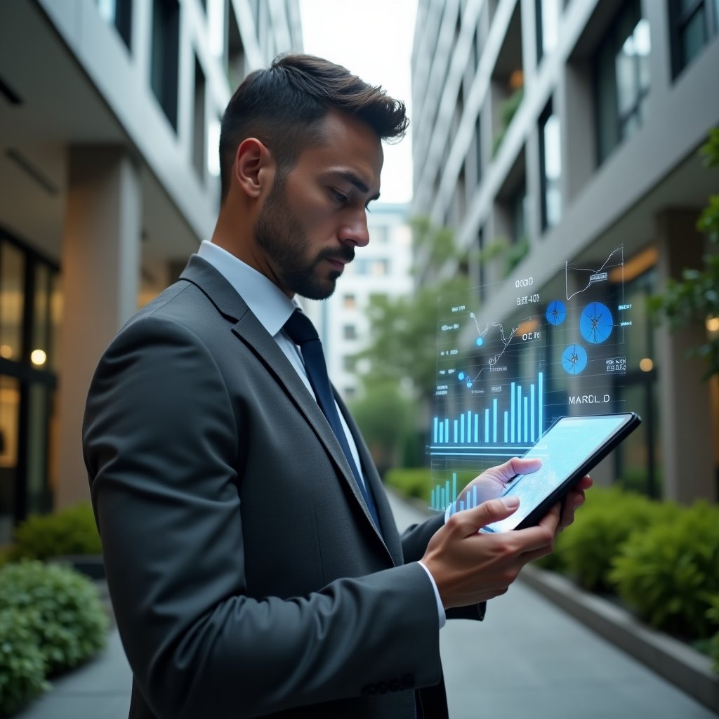 (Ultra-realistic condominium manager in a charcoal gray suit, medium close-up shot set in a modern luxury condominium environment with high-rise buildings and manicured green landscaping, analyzing holographic financial charts projected from a tablet, floating pie charts and bar graphs symbolizing clear and transparent reporting, confident and focused expression, cinematic lighting, shallow depth of field, highly detailed textures, realistic skin, photographic realism, 8k resolution --ar 1:1 --v 6)