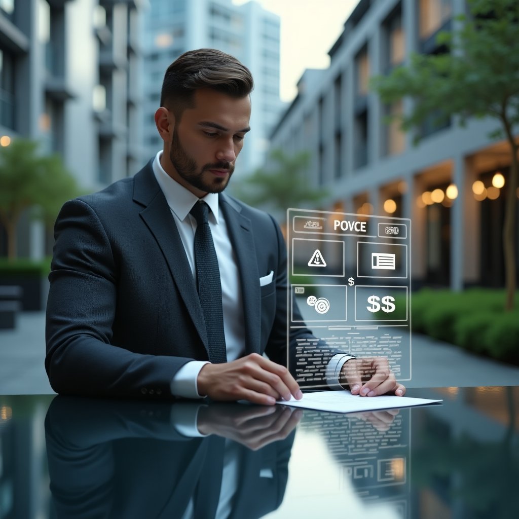 (Ultra-realistic condominium manager in a tailored dark gray suit, set in a modern luxury condominium environment with high-rise buildings and manicured green landscaping, medium shot of a confident manager studying holographic budget charts and floating expense icons projected above a sleek glass table, symbolizing cost control and financial planning, cinematic lighting, shallow depth of field, highly detailed textures, realistic skin, photographic realism, 8k resolution --ar 1:1 --v 6)