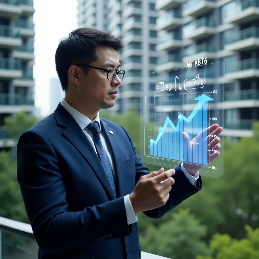 (Ultra-realistic condominium manager in a navy-blue tailored suit, set in a modern luxury condominium environment with high-rise buildings and lush green landscaping, analyzing a holographic financial chart displaying cost reduction arrows and efficiency icons, confident and focused expression, cinematic lighting, shallow depth of field, highly detailed textures, realistic skin, photographic realism, 8k resolution --ar 1:1 --v 6)
