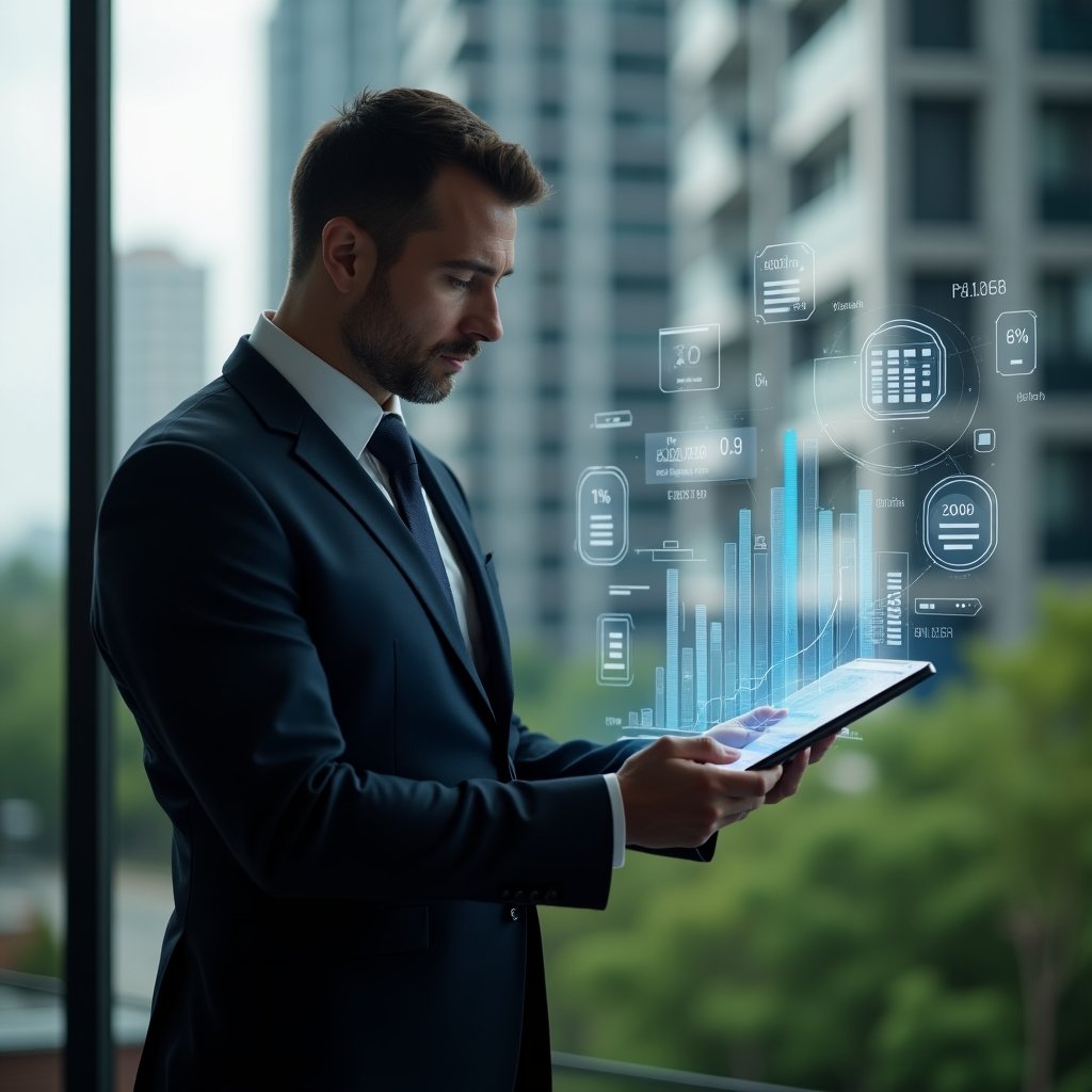 Ultra-realistic condominium manager in a dark tailored suit, set in a modern luxury condominium environment with high-rise buildings and lush green landscaping, examining a transparent holographic display of expense indicators, floating bar charts and percentage icons around, focused and confident expression, cinematic lighting, shallow depth of field, highly detailed textures, realistic skin, photographic realism, 8k resolution --ar 1:1 --v 6