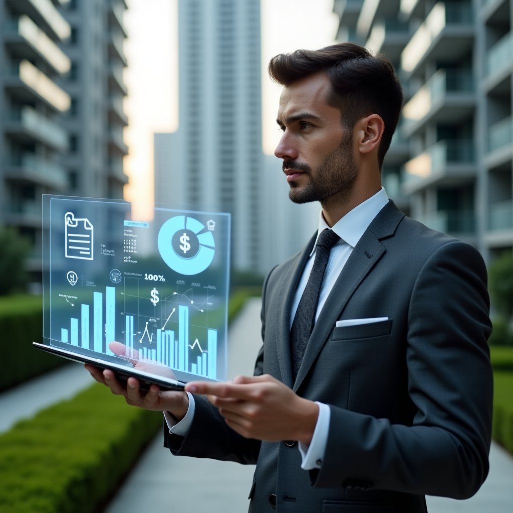 Ultra-realistic condominium property manager in a charcoal gray suit, set in a modern luxury condominium environment with high-rise buildings and manicured green landscaping, holding a transparent holographic financial dashboard displaying bar charts and pie graphs, confidently analyzing data, symbolic floating icons of invoices and dollar signs, cinematic lighting, shallow depth of field, highly detailed textures, realistic skin, photographic realism, 8k resolution --ar 1:1 --v 6