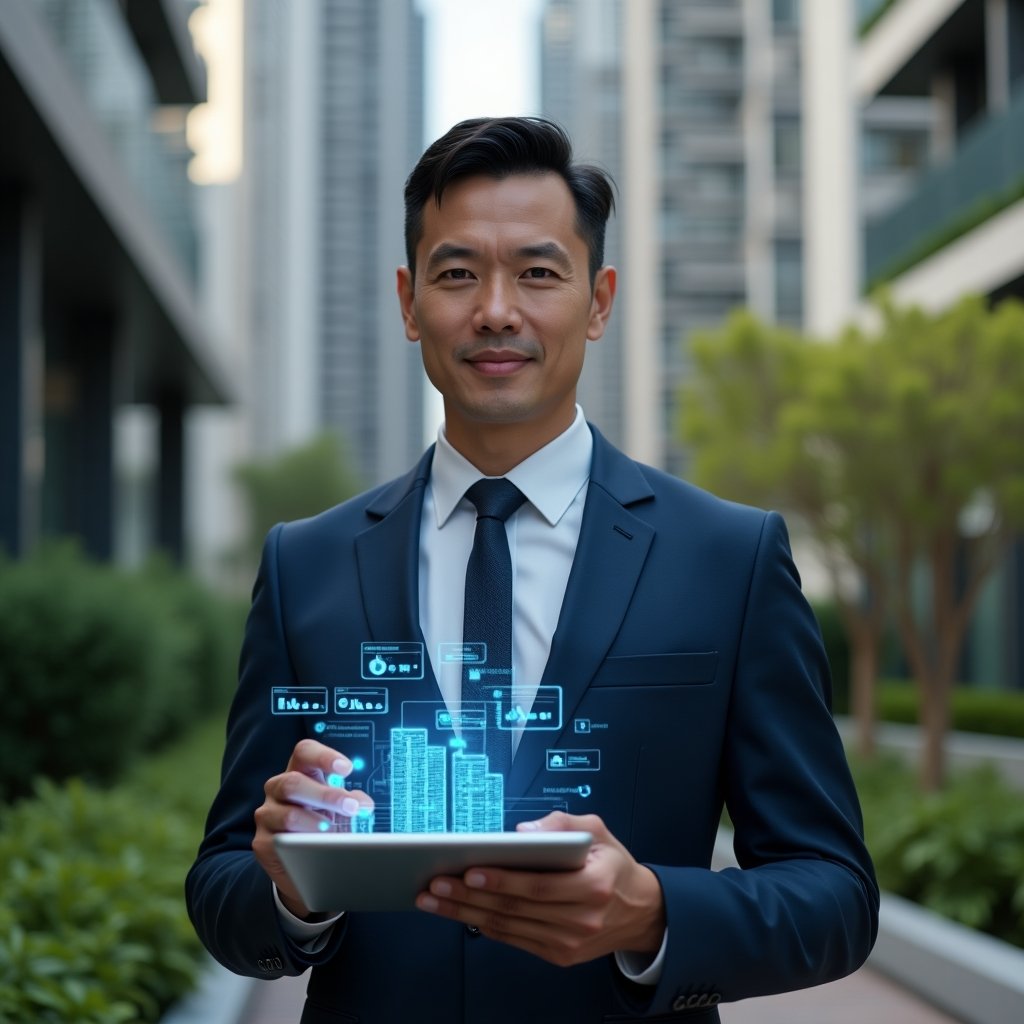 (Ultra-realistic condominium manager in a tailored navy suit, set in a modern luxury condominium environment with high-rise buildings and manicured greenery, holding a tablet displaying a holographic condominium management app interface with building icons, chat bubbles and performance graphs, confident and focused expression, cinematic lighting, shallow depth of field, highly detailed textures, realistic skin, photographic realism, 8k resolution --ar 1:1 --v 6)