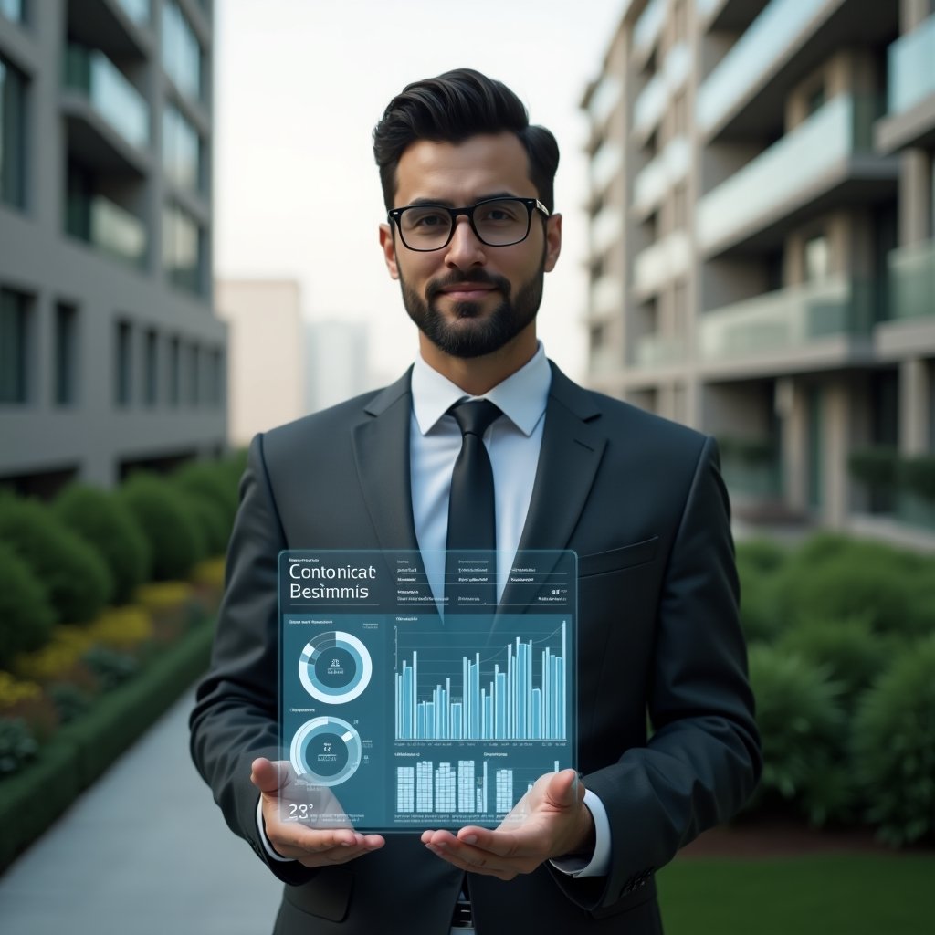 Ultra-realistic condominium manager in a tailored dark gray suit, set in a modern luxury condominium environment with high-rise buildings and manicured green landscaping, mid-shot holding a transparent holographic financial report with charts and graphs, confident and focused expression, cinematic lighting, shallow depth of field, highly detailed textures, realistic skin, photographic realism, 8k resolution --ar 1:1 --v 6