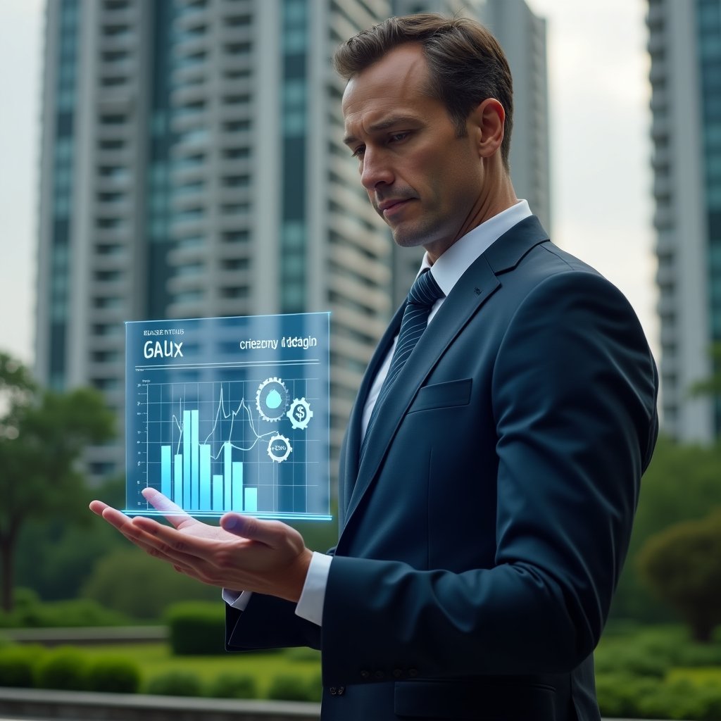 (Ultra-realistic condominium manager in a sleek navy suit, set in a modern luxury condominium environment with high-rise buildings and lush green landscaping, examining a transparent holographic financial dashboard displaying cost-saving charts and graphs, confident and analytical expression, floating icons of dollar signs and gears symbolizing budget optimization, cinematic lighting, shallow depth of field, highly detailed textures, realistic skin, photographic realism, 8k resolution --ar 1:1 --v 6)