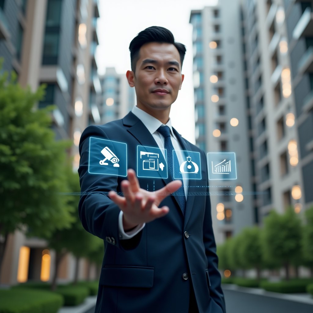 Ultra-realistic condominium manager in a tailored navy suit, set in a modern luxury condominium environment with high-rise buildings and lush green landscaping, interacting with a floating holographic interface displaying maintenance icons, security camera feeds and financial charts, confident expression, cinematic lighting, shallow depth of field, highly detailed textures, realistic skin, photographic realism, 8k resolution --ar 1:1 --v 6