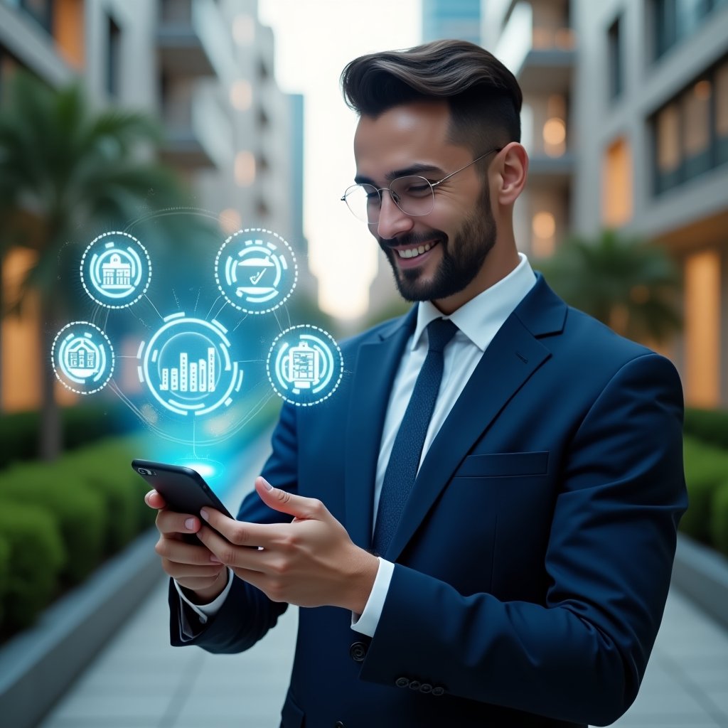 (Ultra-realistic condominium manager in a tailored navy blue suit, set in a modern luxury condominium environment with high-rise buildings and manicured green landscaping, holding a smartphone displaying a floating holographic condominium management app interface, confidently pointing at the hologram with a slight smile, futuristic icons of notifications and financial charts surrounding the device, cinematic lighting, shallow depth of field, highly detailed textures, realistic skin, photographic realism, 8k resolution --ar 1:1 --v 6)
