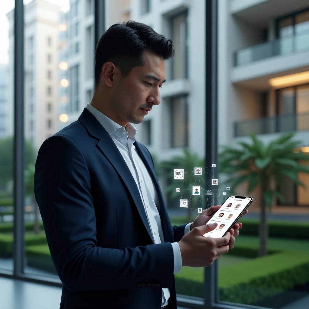 (Ultra-realistic condominium manager in a tailored navy suit, set in a modern luxury condominium environment with high-rise buildings and manicured green landscaping, interacting confidently with a holographic mobile app interface displaying bill icons, calendar reservations and virtual assembly avatars, cinematic lighting, shallow depth of field, highly detailed textures, realistic skin, photographic realism, 8k resolution --ar 1:1 --v 6)