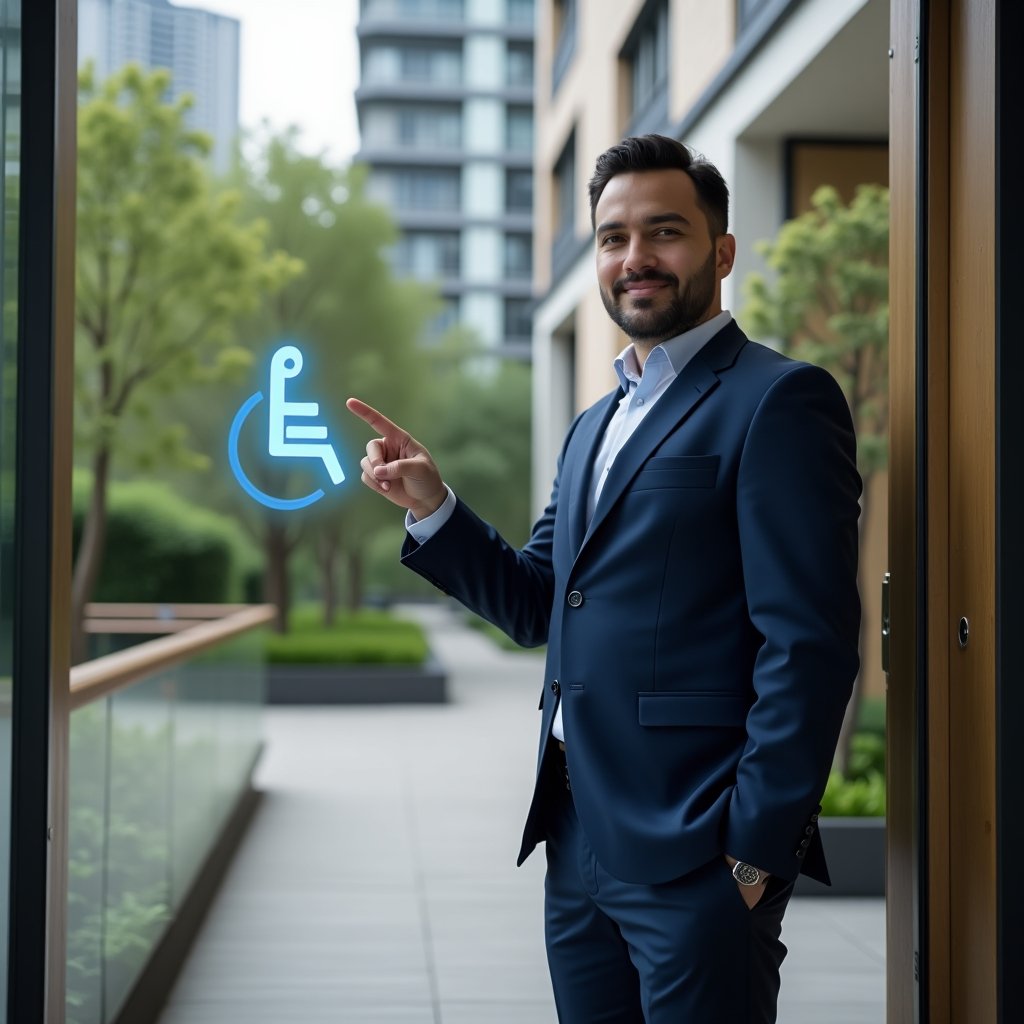 Ultra-realistic condominium manager in a navy blue suit, set in a modern luxury condominium environment with high-rise buildings and lush green landscaping, standing next to an accessible ramp and pointing confidently at a glowing wheelchair icon hologram and braille signage panel, welcoming expression, cinematic lighting, shallow depth of field, highly detailed textures, realistic skin, photographic realism, 8k resolution --ar 1:1 --v 6