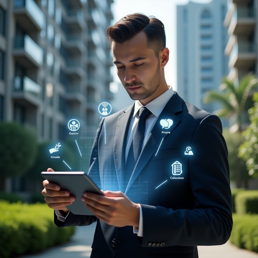 (Ultra-realistic condominium manager in a tailored navy suit, set in a modern luxury condominium environment with high-rise buildings and lush green landscaping, confidently reviewing a digital holographic checklist on a sleek tablet, surrounded by floating icons representing tasks, communication and resident satisfaction, cinematic lighting, shallow depth of field, highly detailed textures, realistic skin, photographic realism, 8k resolution --ar 1:1 --v 6)