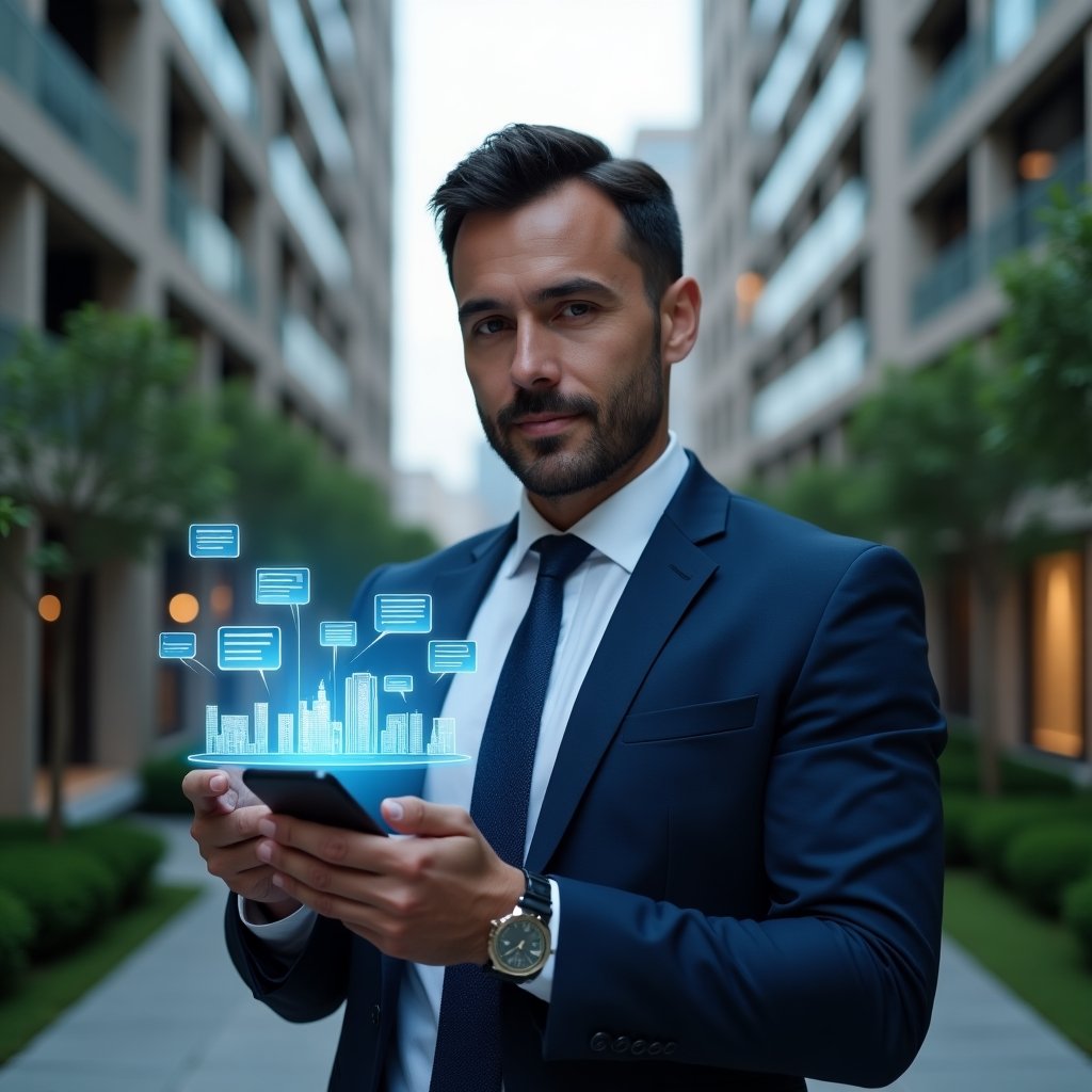 Ultra-realistic condominium manager in a dark blue suit, set in a modern luxury condominium environment with high-rise buildings and manicured greenery, holding a smartphone at eye level displaying a holographic condominium management app interface with floating icons of buildings, chat bubbles, and financial graphs, confident and focused expression, cinematic lighting, shallow depth of field, highly detailed textures, realistic skin, photographic realism, 8k resolution --ar 1:1 --v 6