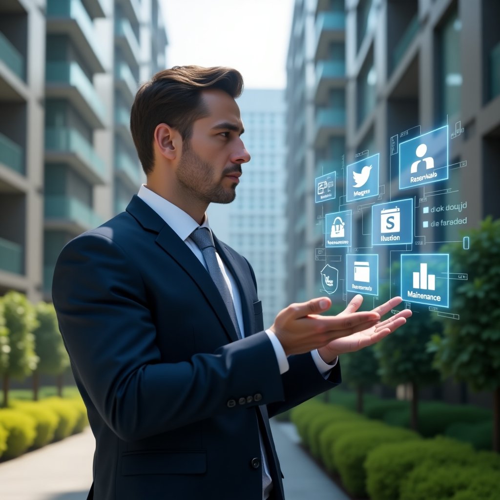 (Ultra-realistic condominium manager in a tailored navy suit, set in a modern luxury condominium environment with high-rise buildings and manicured green landscaping, interacting with a floating holographic interface displaying app icons for messaging, reservations, billing, and maintenance, confident and focused expression, cinematic lighting, shallow depth of field, highly detailed textures, realistic skin, photographic realism, 8k resolution --ar 1:1 --v 6)