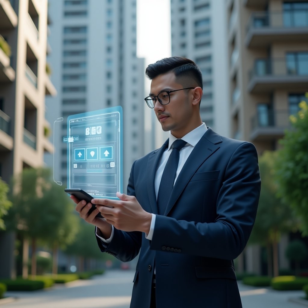 Ultra-realistic condominium manager in a navy blue suit, set in a modern luxury condominium environment with high-rise buildings and meticulously landscaped greenery, interacting with a holographic interface displaying three key app features—communication notifications icon, reservations calendar icon, financial dashboard icon—with a confident, focused expression, cinematic lighting, shallow depth of field, highly detailed textures, realistic skin, photographic realism, 8k resolution --ar 1:1 --v 6