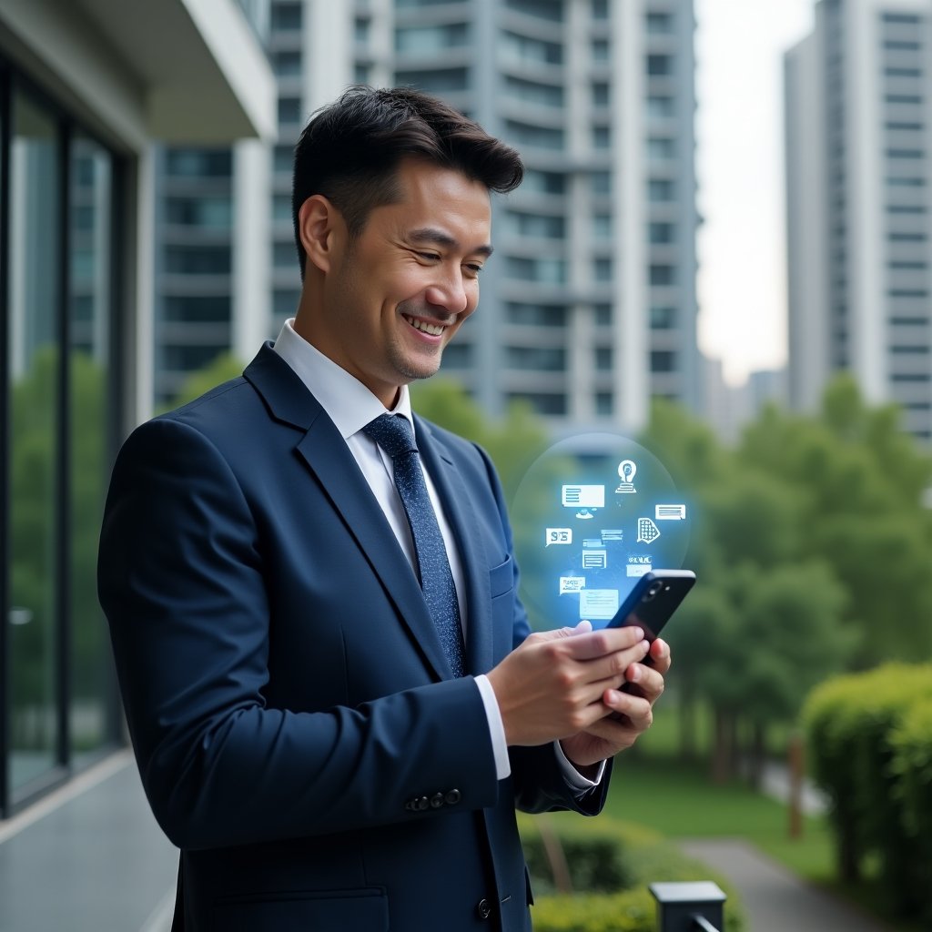 Ultra-realistic condominium manager in a dark blue suit, set in a modern luxury condominium environment with high-rise buildings and lush green landscaping, holding a smartphone displaying holographic notification bubbles and digital document icons, confident smile, cinematic lighting, shallow depth of field, highly detailed textures, realistic skin, photographic realism, 8k resolution --ar 1:1 --v 6