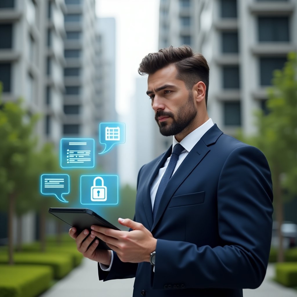 Ultra-realistic property manager in a navy suit, set in a modern luxury condominium environment with high-rise buildings and manicured green landscaping, holding a digital tablet projecting holographic icons of communication bubbles, a security lock and a calendar scheduling interface, confident and engaged expression, cinematic lighting, shallow depth of field, highly detailed textures, realistic skin, photographic realism, 8k resolution --ar 1:1 --v 6