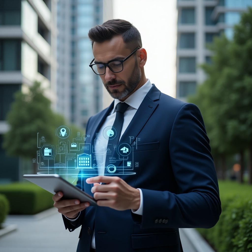 Ultra-realistic professional property manager in a dark blue suit, set in a modern luxury condominium environment with high-rise buildings and lush green landscaping, holding a tablet displaying holographic condo management icons, confidently analyzing data, futuristic holographic interface floating around, cinematic lighting, shallow depth of field, highly detailed textures, realistic skin, photographic realism, 8k resolution --ar 1:1 --v 6