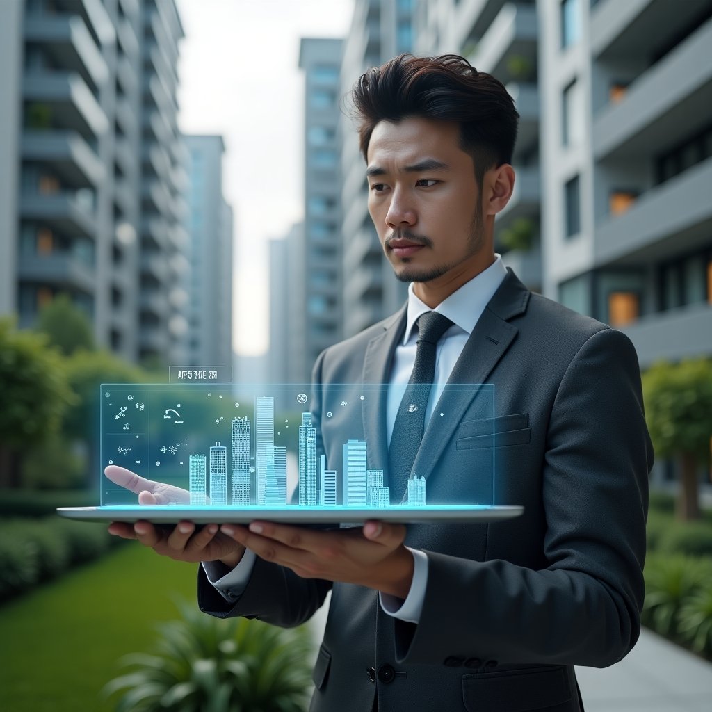 Ultra-realistic property manager in a charcoal gray executive suit, set in a modern luxury condominium environment with high-rise buildings and manicured green landscaping, examining a floating holographic condo management dashboard with charts and building icons, confident and focused expression, cinematic lighting, shallow depth of field, highly detailed textures, realistic skin, photographic realism, 8k resolution --ar 1:1 --v 6