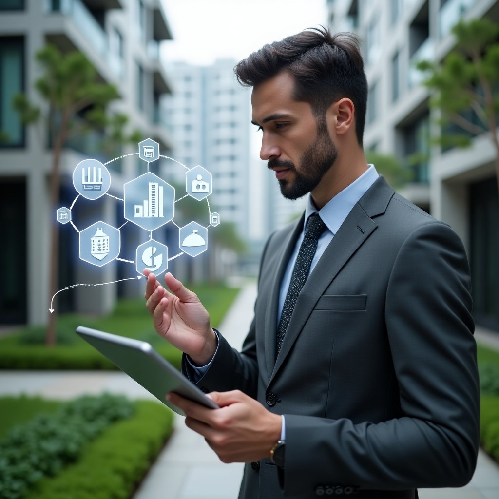 (Ultra-realistic property manager in a charcoal gray suit, set in a modern luxury condominium environment with high-rise buildings and manicured green landscaping, checking a floating holographic dashboard of condo management icons while holding a tablet, confident and focused expression, holographic pie charts and building symbols surrounding, cinematic lighting, shallow depth of field, highly detailed textures, realistic skin, photographic realism, 8k resolution --ar 1:1 --v 6)