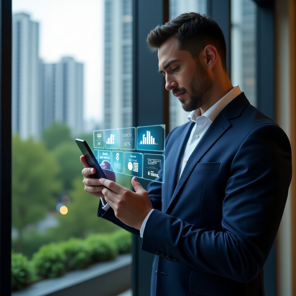 Ultra-realistic condominium manager in a navy blue tailored suit, set in a modern luxury condominium environment with high-rise buildings and meticulously landscaped greenery, holding a smartphone displaying holographic app icons and analytics charts, confidently interacting with a floating digital interface that symbolizes streamlined administration, cinematic lighting, shallow depth of field, highly detailed textures, realistic skin, photographic realism, 8k resolution --ar 1:1 --v 6