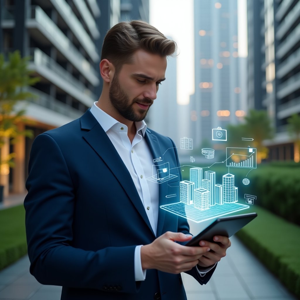 (Ultra-realistic condominium manager in a navy blue tailored suit, set in a modern luxury condominium environment with high-rise buildings and manicured green landscaping, holding a tablet projecting a holographic condominium management app interface while confidently analyzing digital metrics, floating holographic icons of building structures, financial charts, and reservation calendars, cinematic lighting, shallow depth of field, highly detailed textures, realistic skin, photographic realism, 8k resolution --ar 1:1 --v 6)