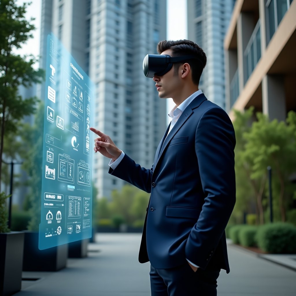 (Ultra-realistic condominium manager in a tailored navy blue suit, set in a modern luxury condominium environment with high-rise buildings and lush green landscaping, pointing confidently at a holographic control panel displaying smart building icons and automation dashboards, a translucent hologram of connected sensors floating nearby, cinematic lighting, shallow depth of field, highly detailed textures, realistic skin, photographic realism, 8k resolution --ar 1:1 --v 6)