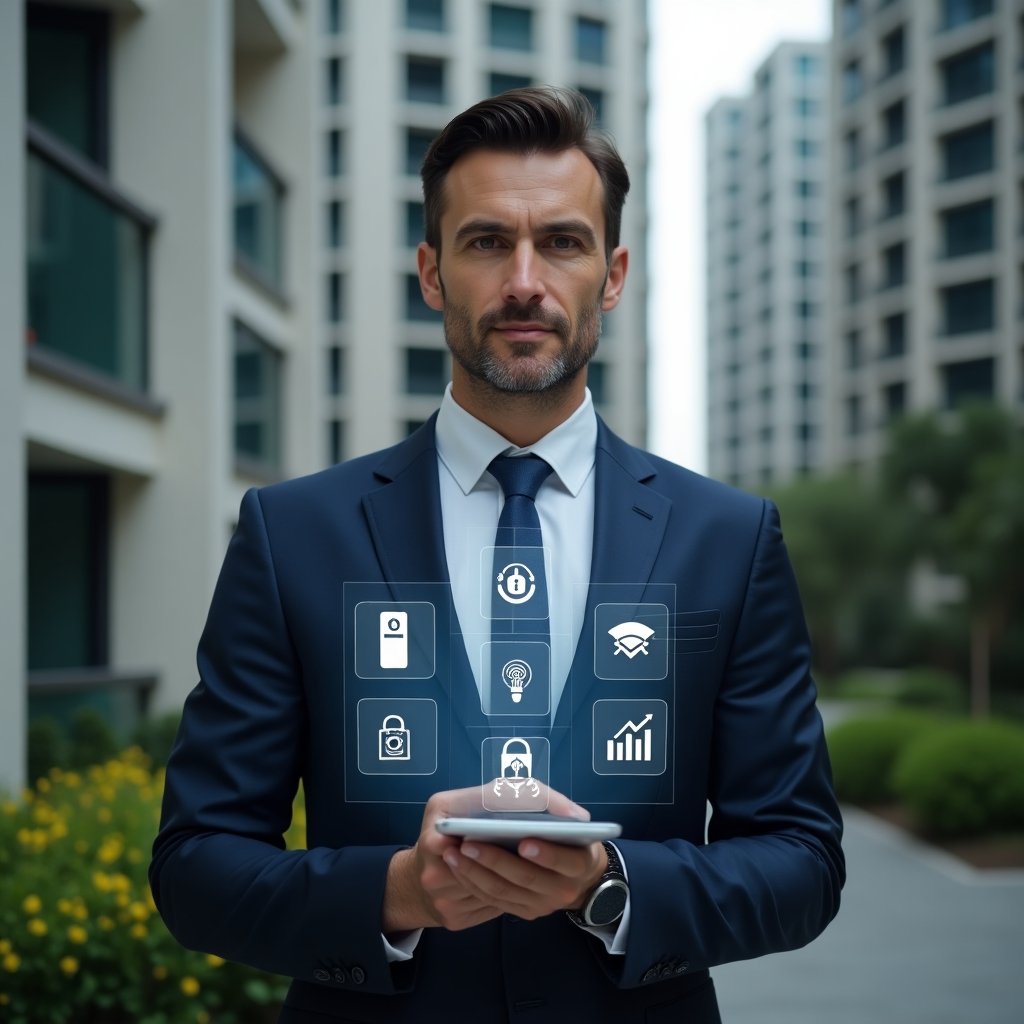 Ultra-realistic condo manager in a navy tailored suit, set in a modern luxury condominium environment with high-rise buildings and manicured gardens, holding a transparent holographic interface displaying icons for biometric access, smart locks, communication app, video surveillance and financial charts, confident and focused expression, cinematic lighting, shallow depth of field, highly detailed textures, realistic skin, photographic realism, 8k resolution --ar 1:1 --v 6