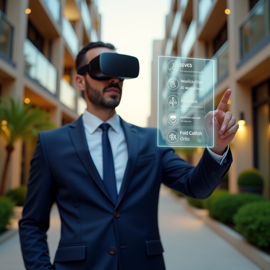 (Ultra-realistic condominium manager in a navy blue tailored suit, set in a modern luxury condominium environment with high-rise buildings and manicured green landscaping, mid-shot of the manager confidently pointing at a floating holographic list of seven golden rule icons, warm and inviting atmosphere, cinematic lighting, shallow depth of field, highly detailed textures, realistic skin, photographic realism, 8k resolution --ar 1:1 --v 6)