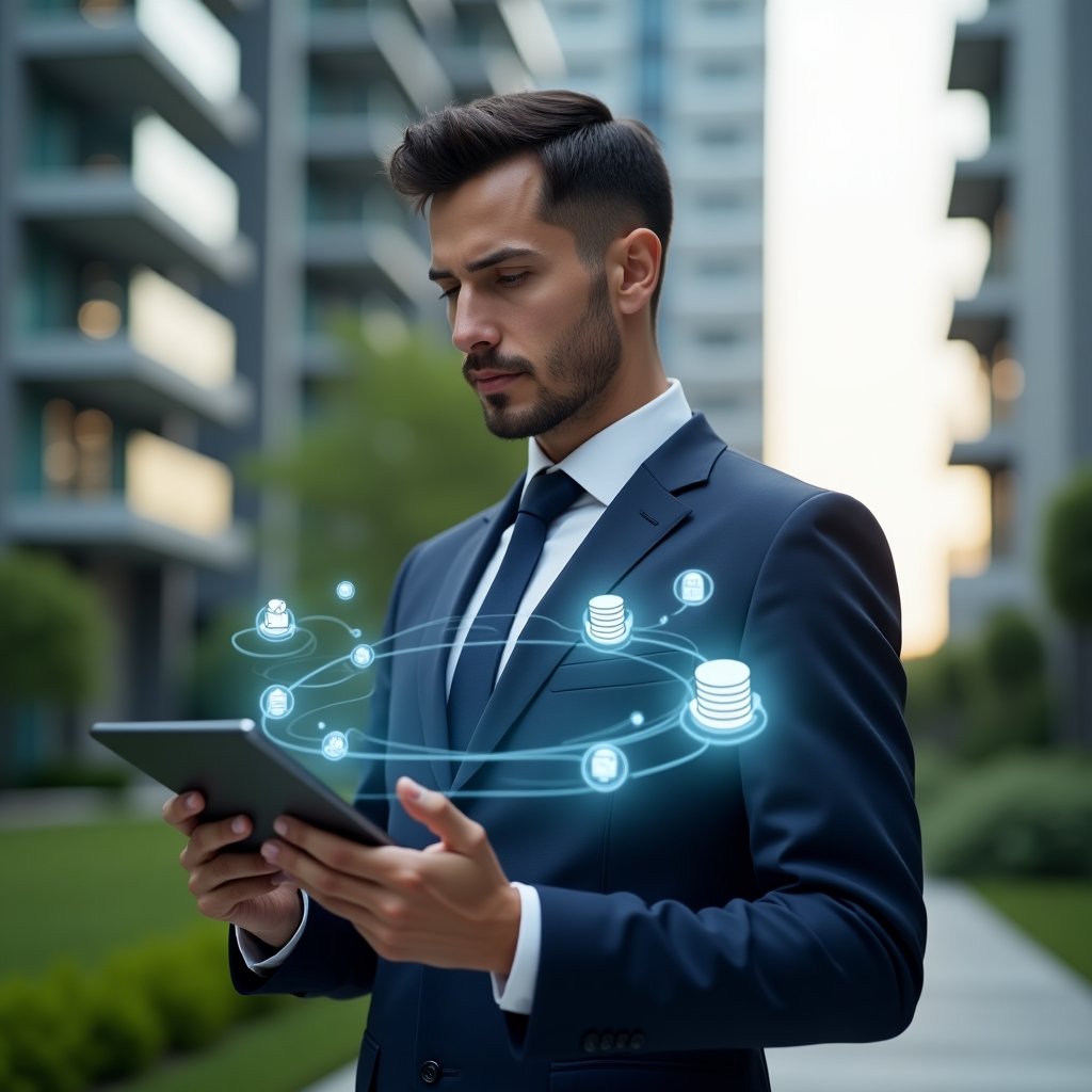 (Ultra-realistic condominium manager in a navy blue suit, set in a modern luxury condominium environment with high-rise buildings and green landscaping, reviewing a holographic financial checklist projected from a tablet, floating icons of coins and invoices around them, confident and focused expression, cinematic lighting, shallow depth of field, highly detailed textures, realistic skin, photographic realism, 8k resolution --ar 1:1 --v 6)