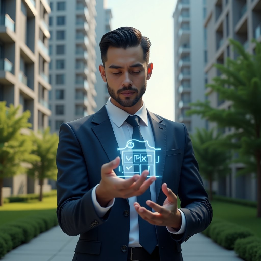 (Ultra-realistic condominium manager in a tailored navy suit, set in a modern luxury condominium environment with high-rise buildings and lush green landscaping, examining a floating holographic checklist calendar with glowing task icons, confident and focused expression, cinematic lighting, shallow depth of field, highly detailed textures, realistic skin, photographic realism, 8k resolution --ar 1:1 --v 6)